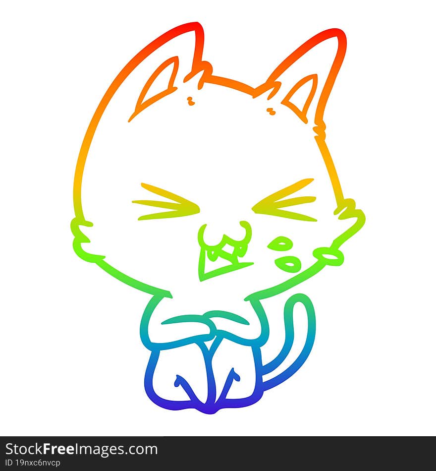 rainbow gradient line drawing of a cartoon cat hissing