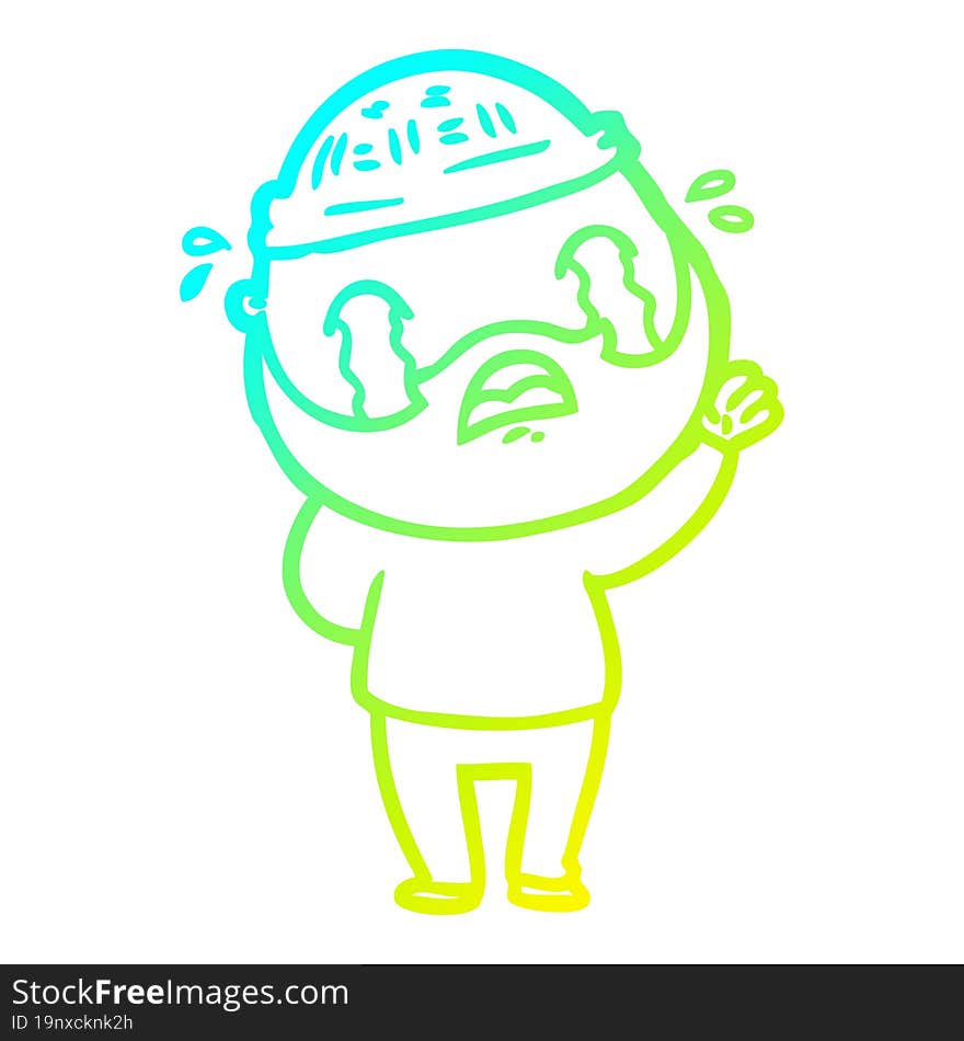 cold gradient line drawing cartoon bearded man crying