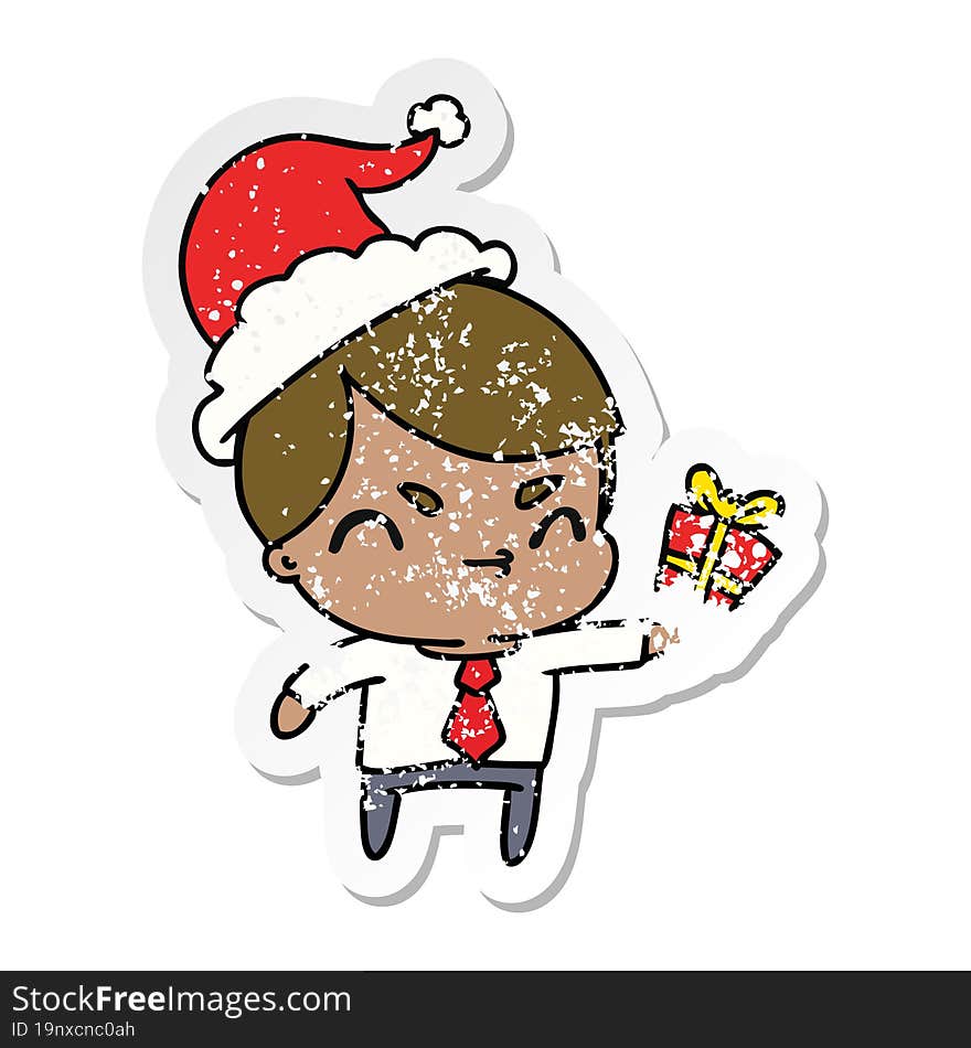 hand drawn christmas distressed sticker cartoon of kawaii boy