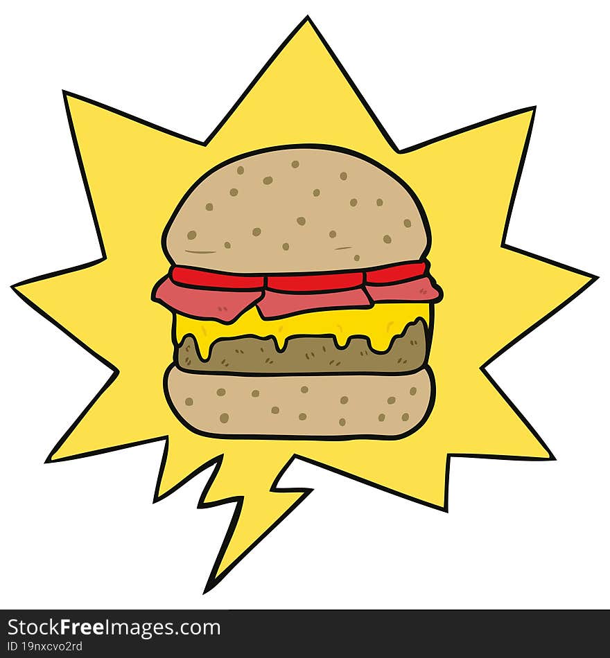 cartoon stacked burger and speech bubble