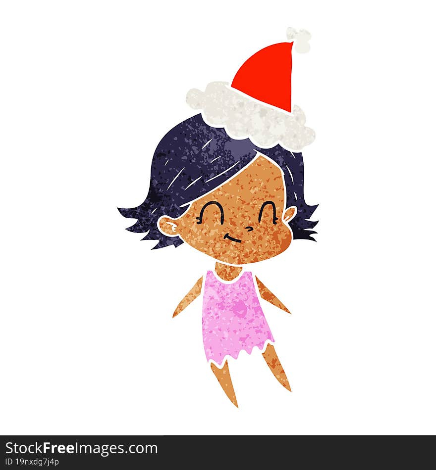 hand drawn retro cartoon of a friendly girl wearing santa hat