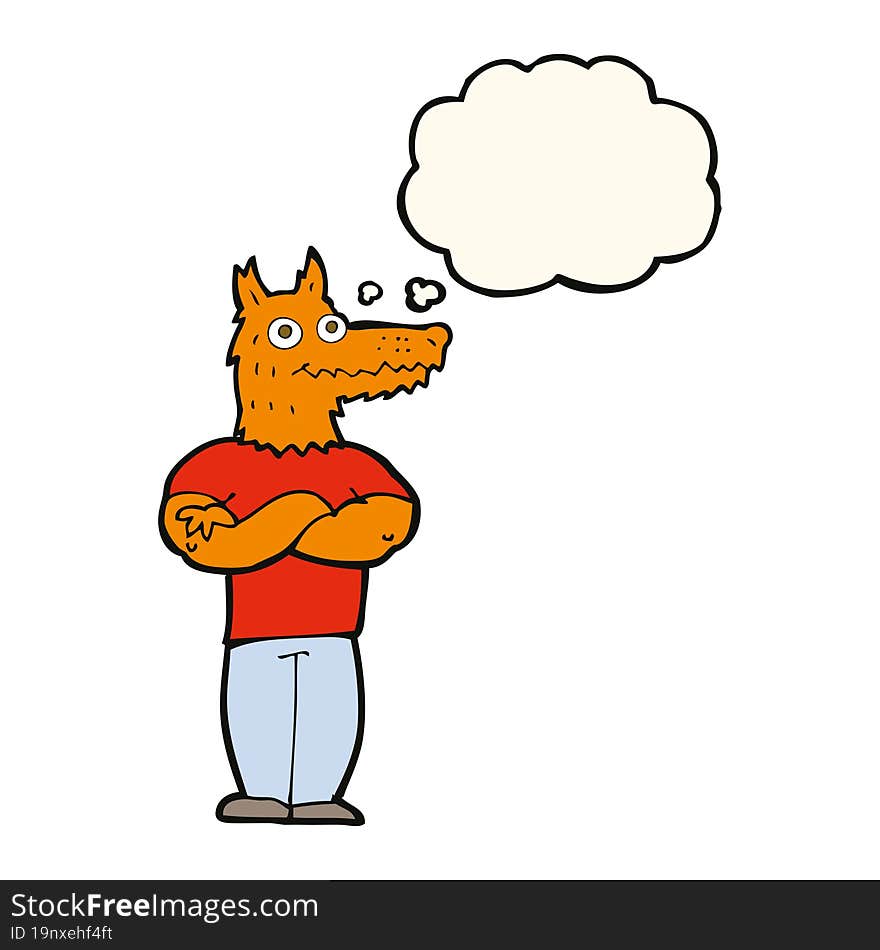 cartoon fox man with thought bubble