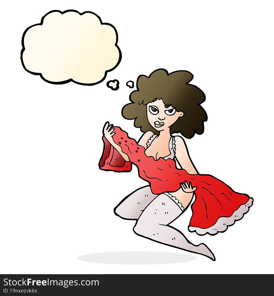 cartoon woman changing with thought bubble