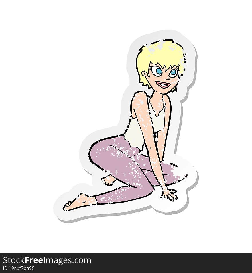 retro distressed sticker of a cartoon happy woman sitting on floor