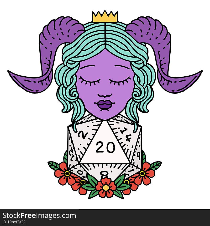 Retro Tattoo Style tiefling with natural twenty d20 dice roll. Retro Tattoo Style tiefling with natural twenty d20 dice roll