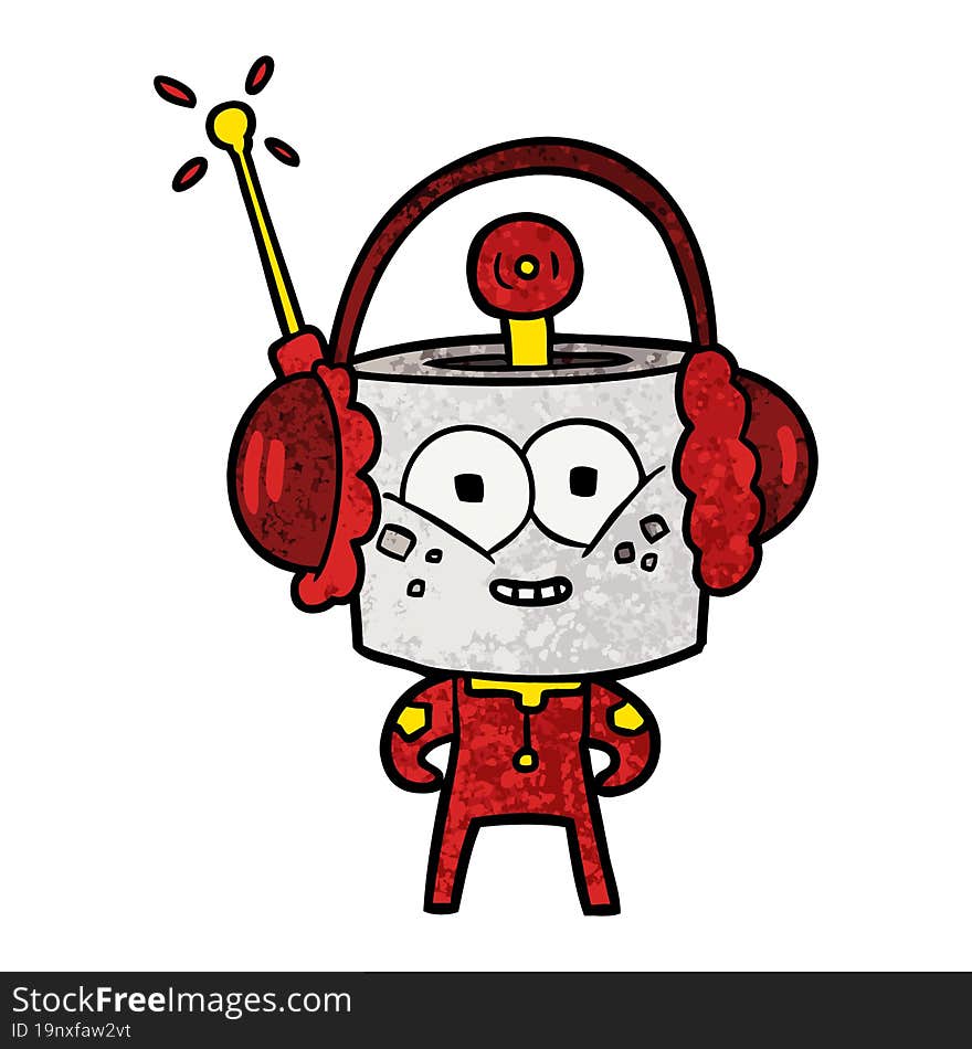 happy cartoon robot wearing headphones. happy cartoon robot wearing headphones