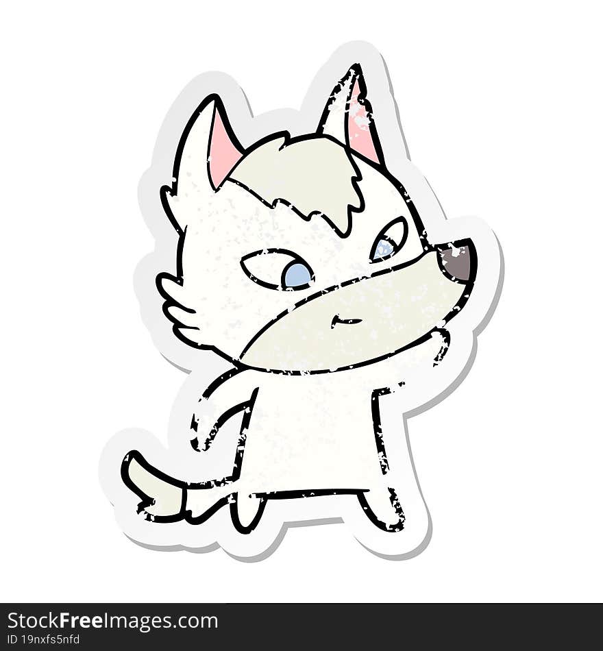 distressed sticker of a friendly cartoon wolf