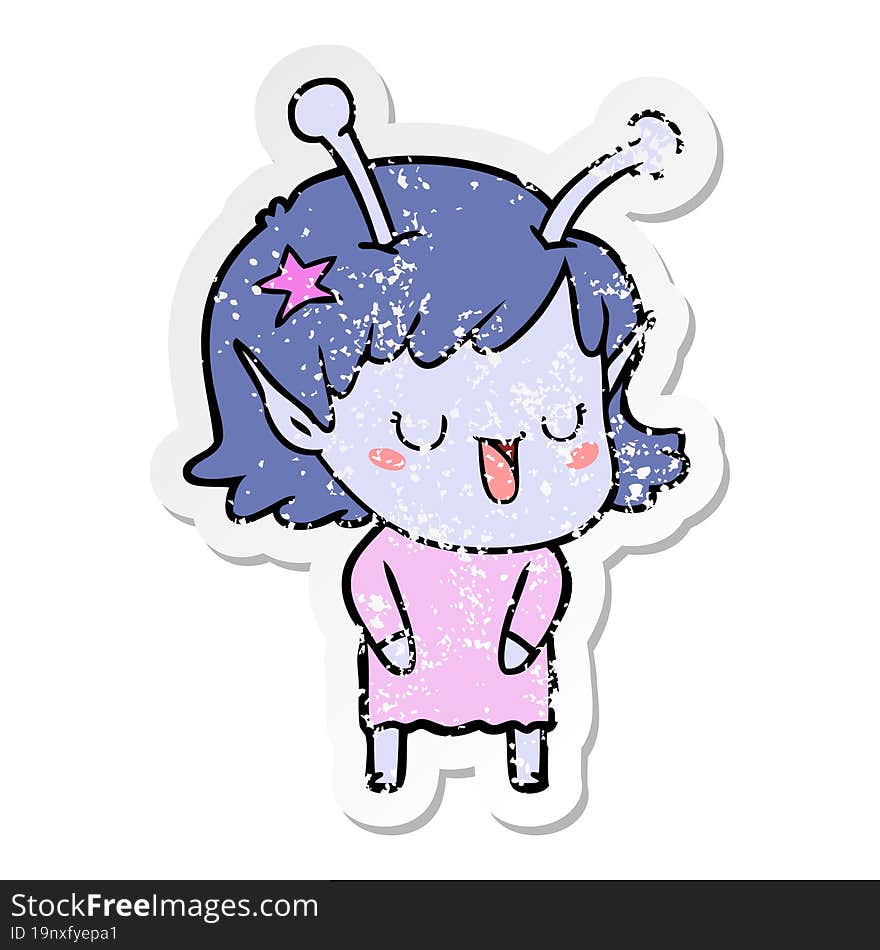 distressed sticker of a happy alien girl cartoon