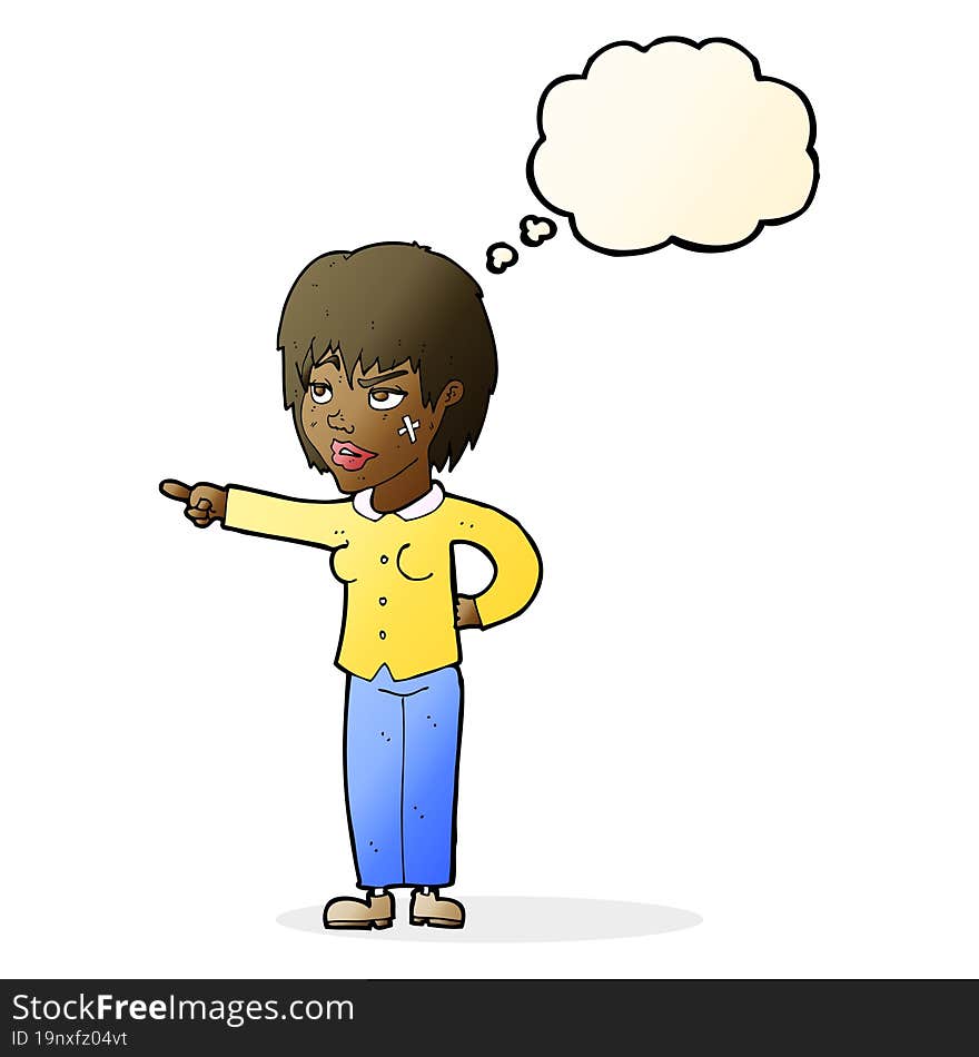 cartoon woman pointing with thought bubble