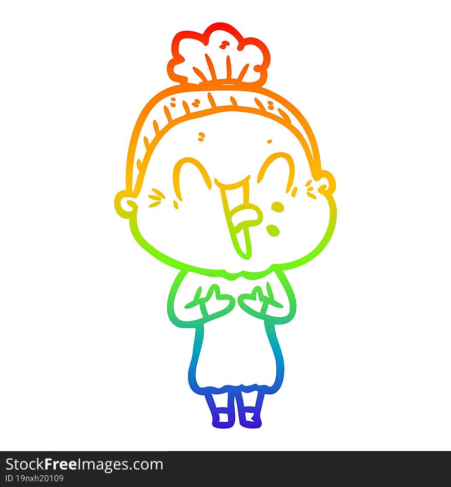 rainbow gradient line drawing of a cartoon happy old woman