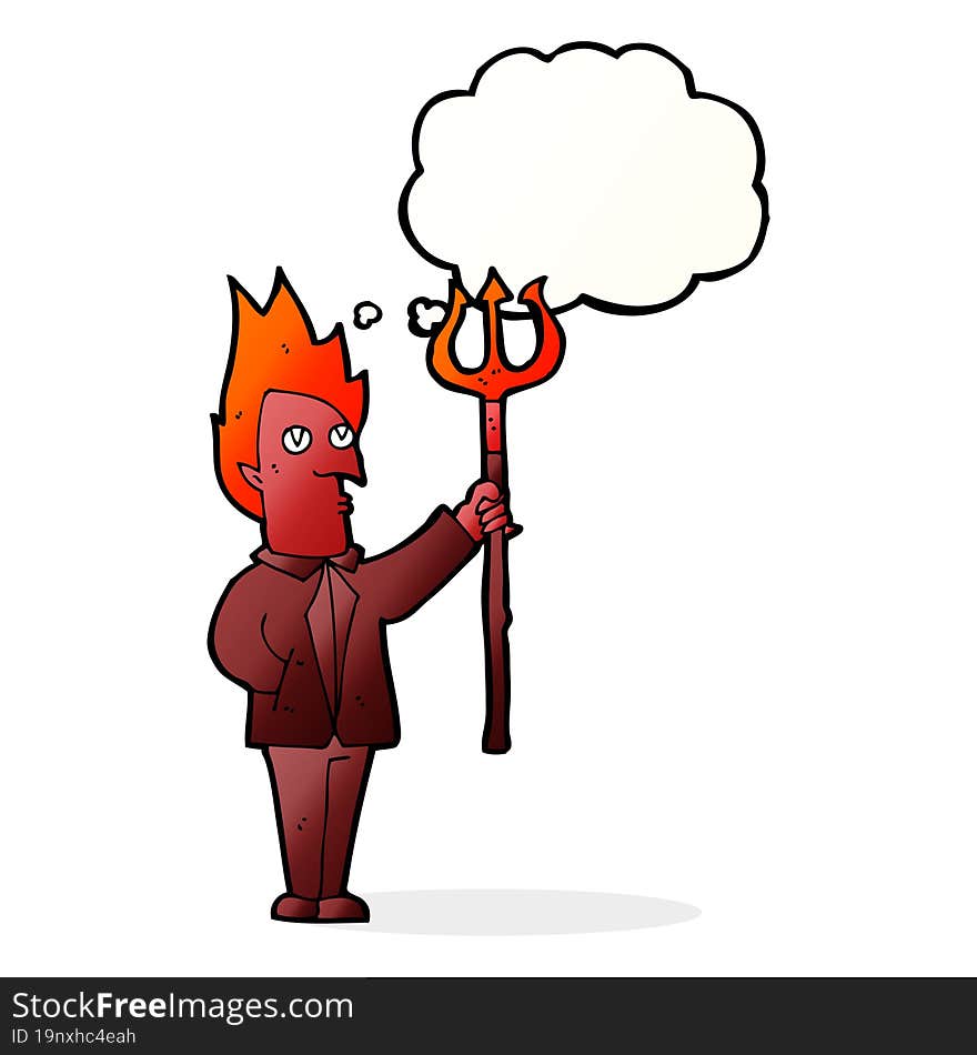 Cartoon Devil With Pitchfork With Thought Bubble