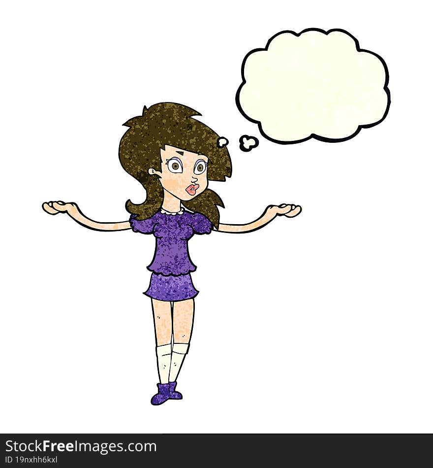 cartoon confused pretty girl with thought bubble