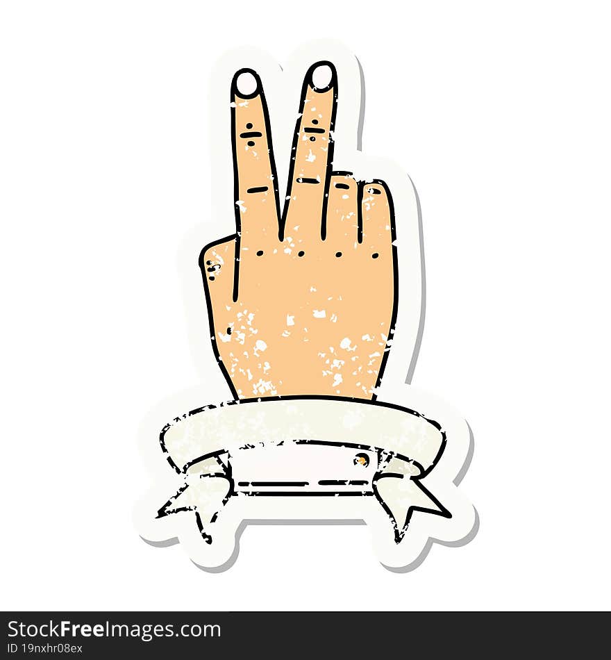 Retro Tattoo Style victory v hand gesture with banner. Retro Tattoo Style victory v hand gesture with banner