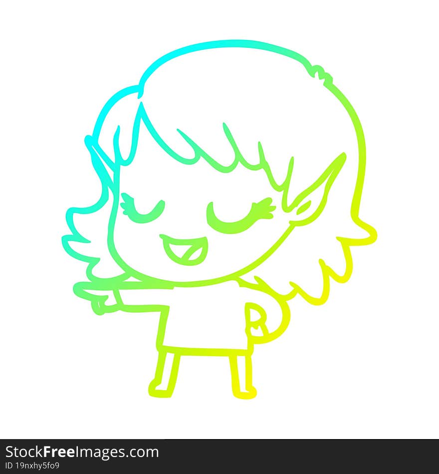 cold gradient line drawing happy cartoon elf girl pointing