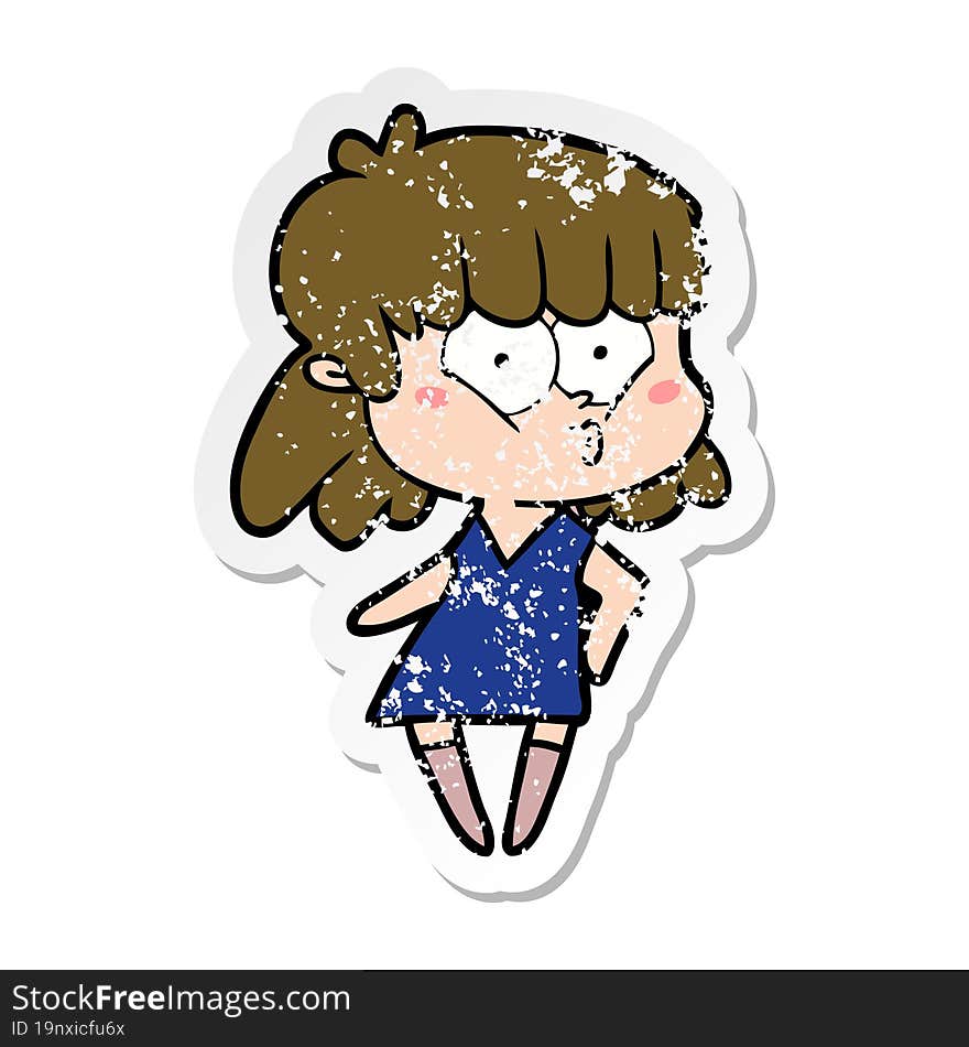 distressed sticker of a cartoon whistling girl