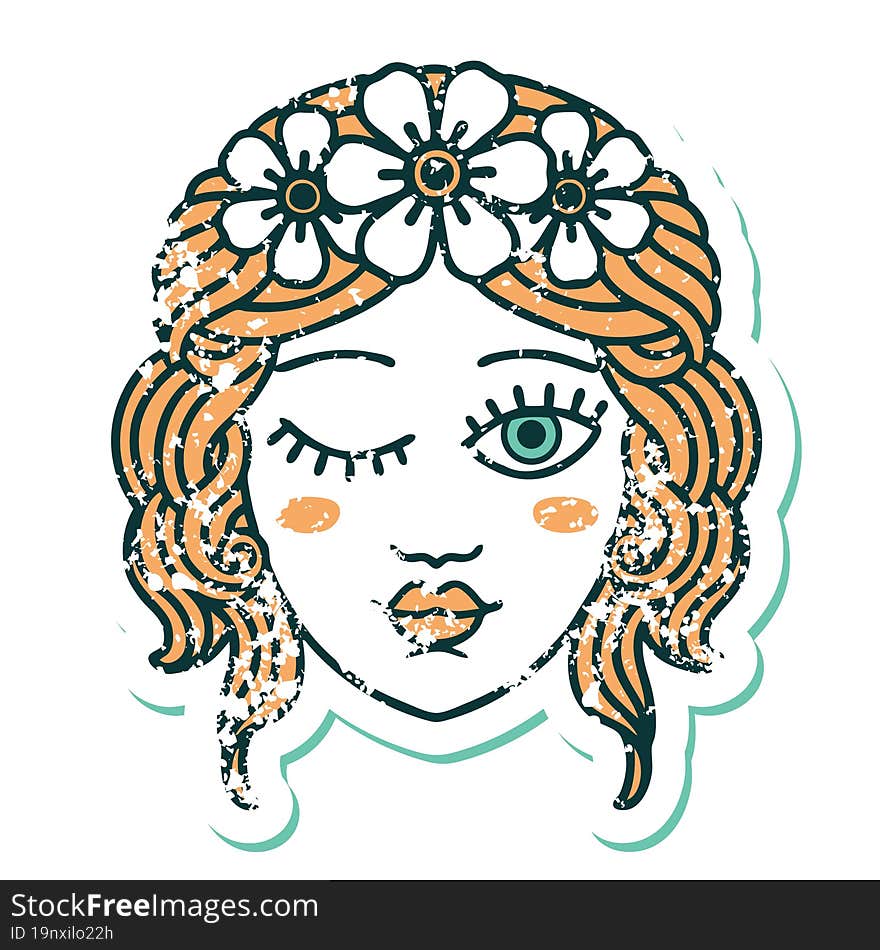 distressed sticker tattoo style icon of a maidens face winking