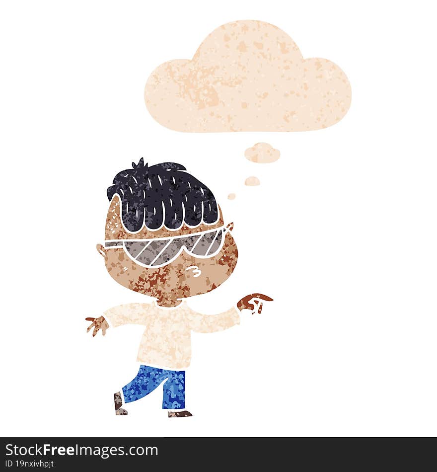 cartoon boy wearing sunglasses pointing and thought bubble in retro textured style