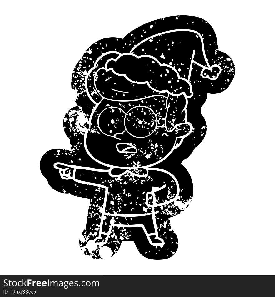 cartoon distressed icon of a staring man wearing santa hat