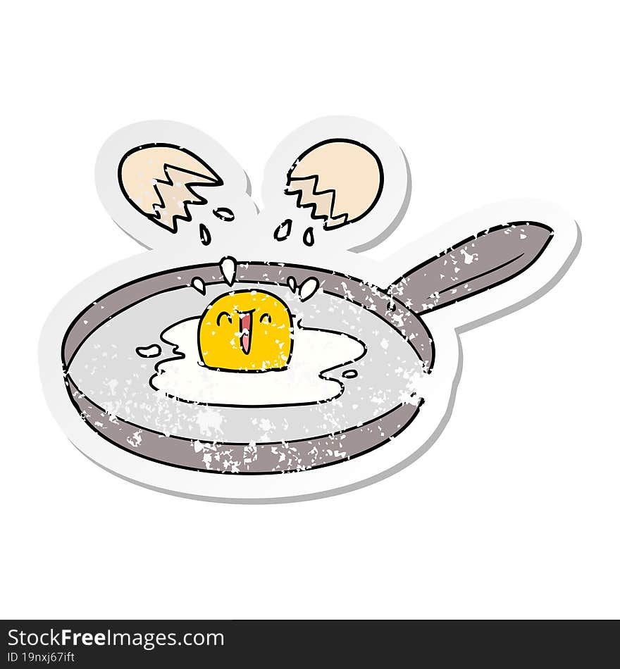 distressed sticker of a cartoon egg frying