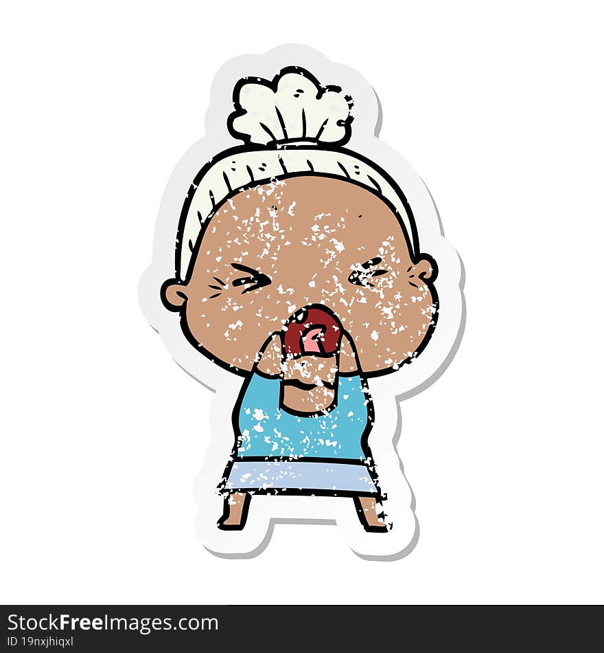 Distressed Sticker Of A Cartoon Angry Old Woman