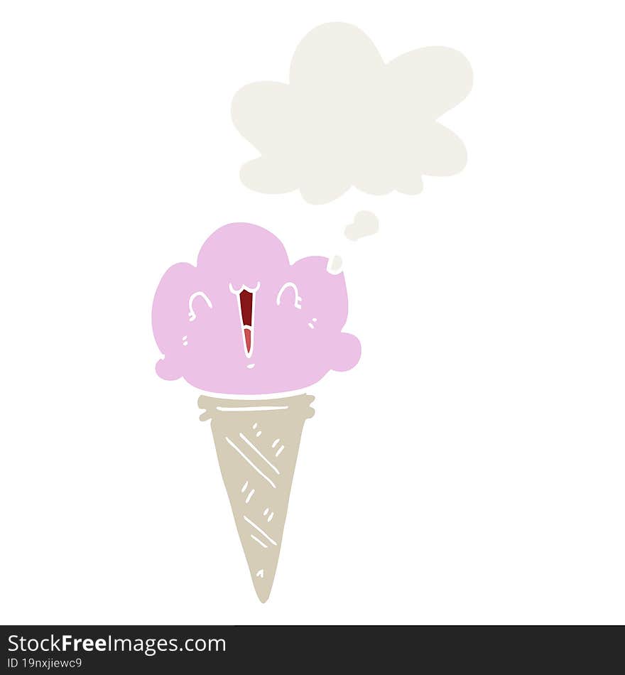 cartoon ice cream with face and thought bubble in retro style