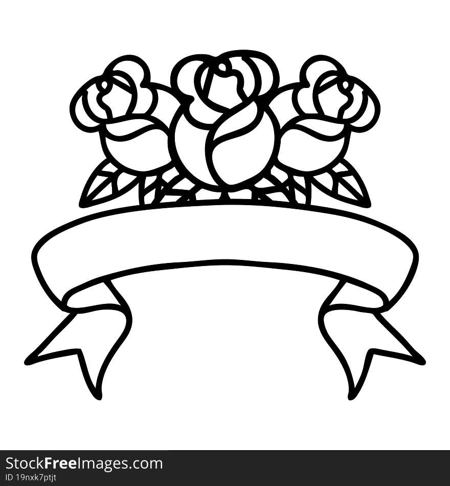 Black Linework Tattoo With Banner Of A Bouquet Of Flowers