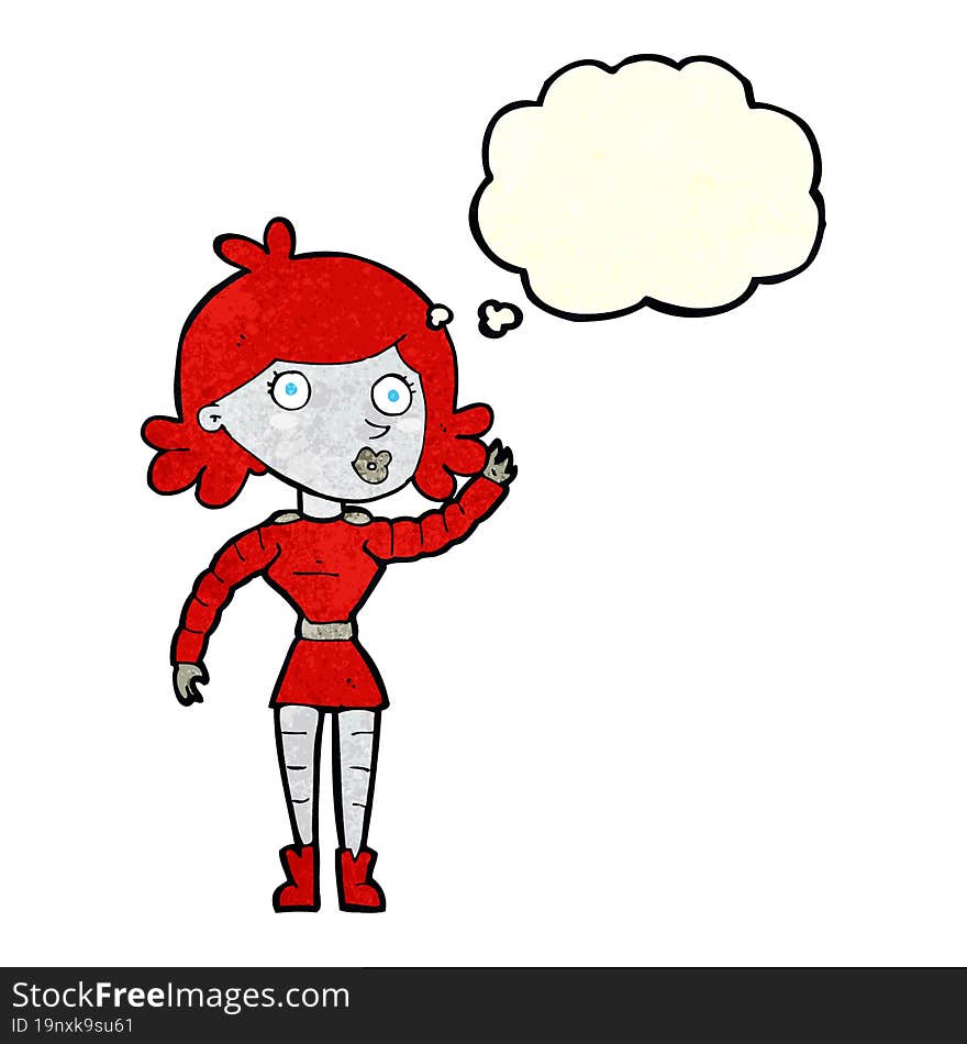 cartoon robot woman waving with thought bubble