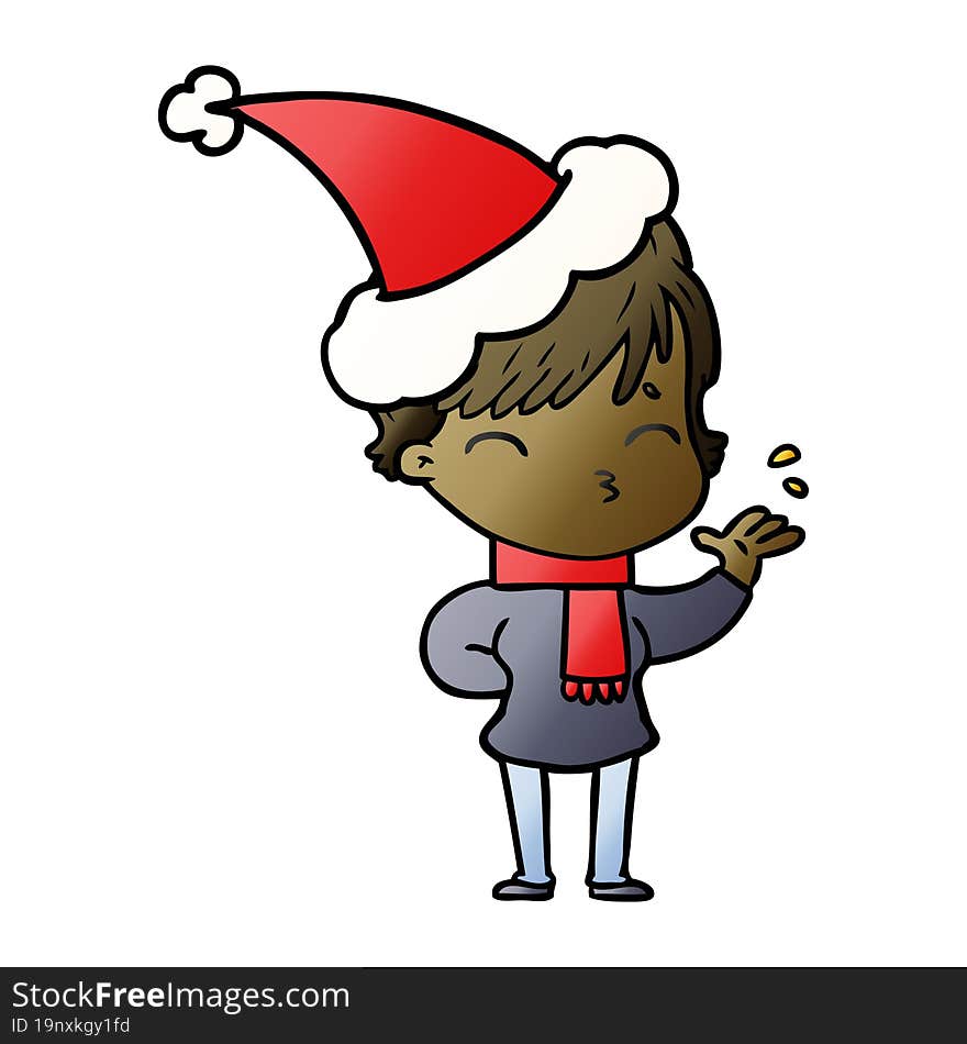 hand drawn gradient cartoon of a woman thinking wearing santa hat