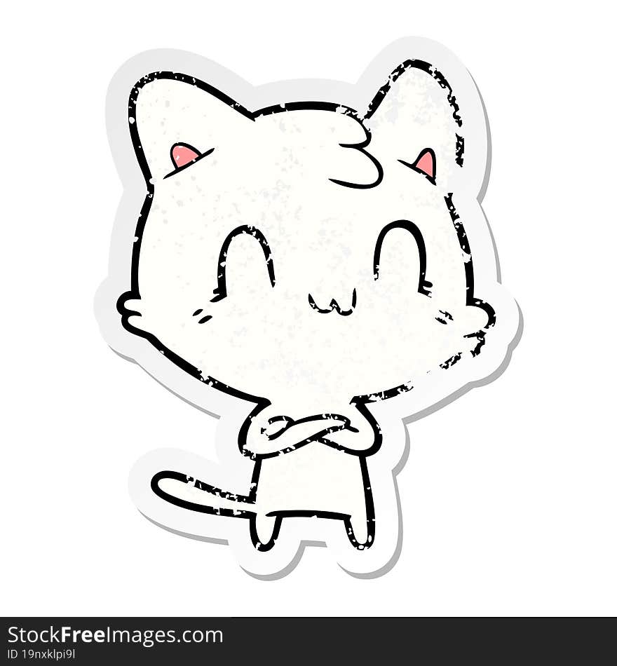 distressed sticker of a cartoon happy cat