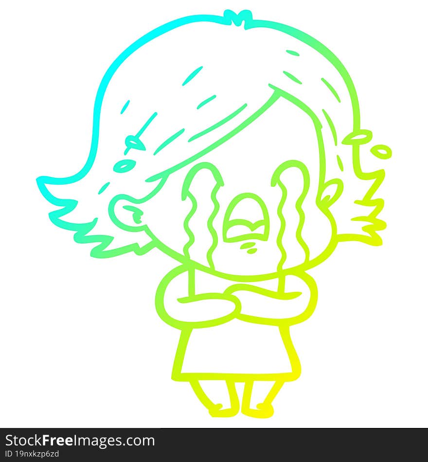 cold gradient line drawing of a cartoon woman crying