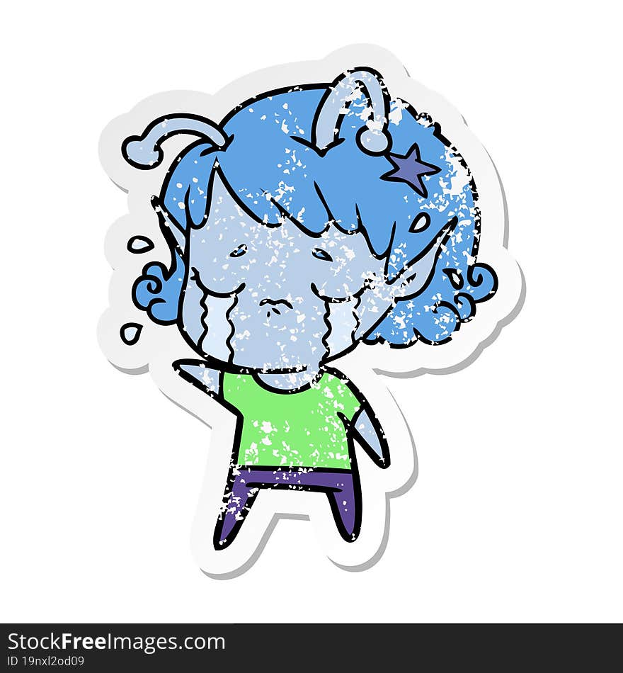 distressed sticker of a cartoon crying alien girl