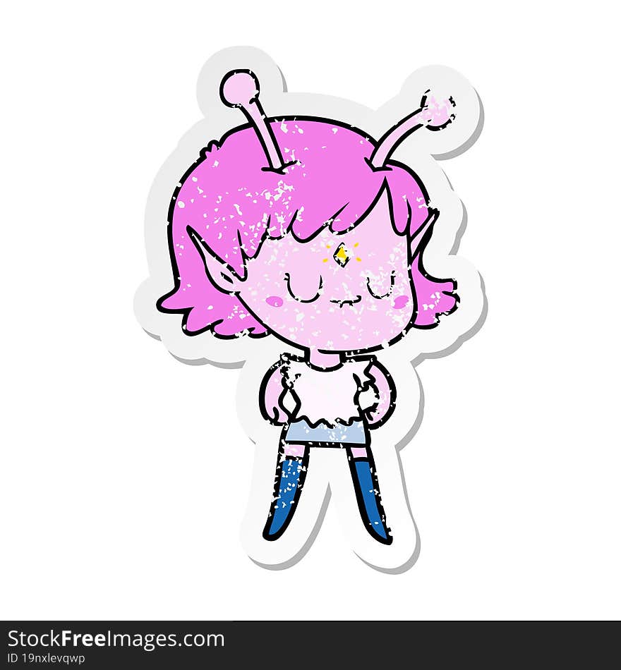 distressed sticker of a cartoon alien girl