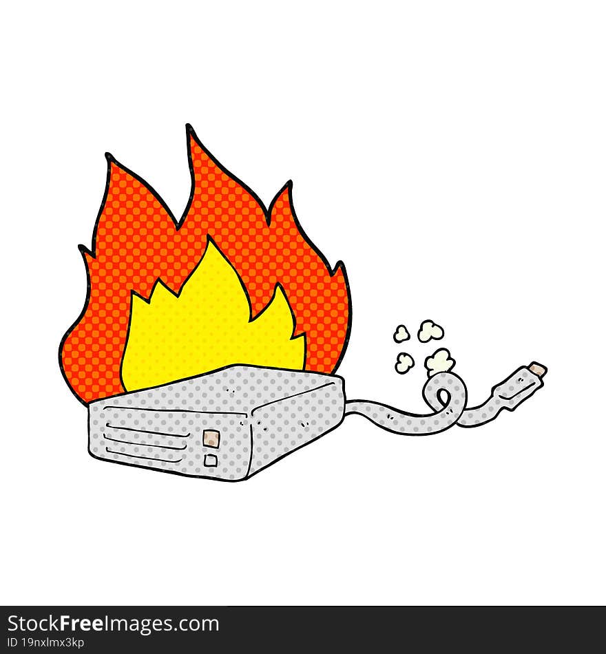 comic book style cartoon computer hard drive burning