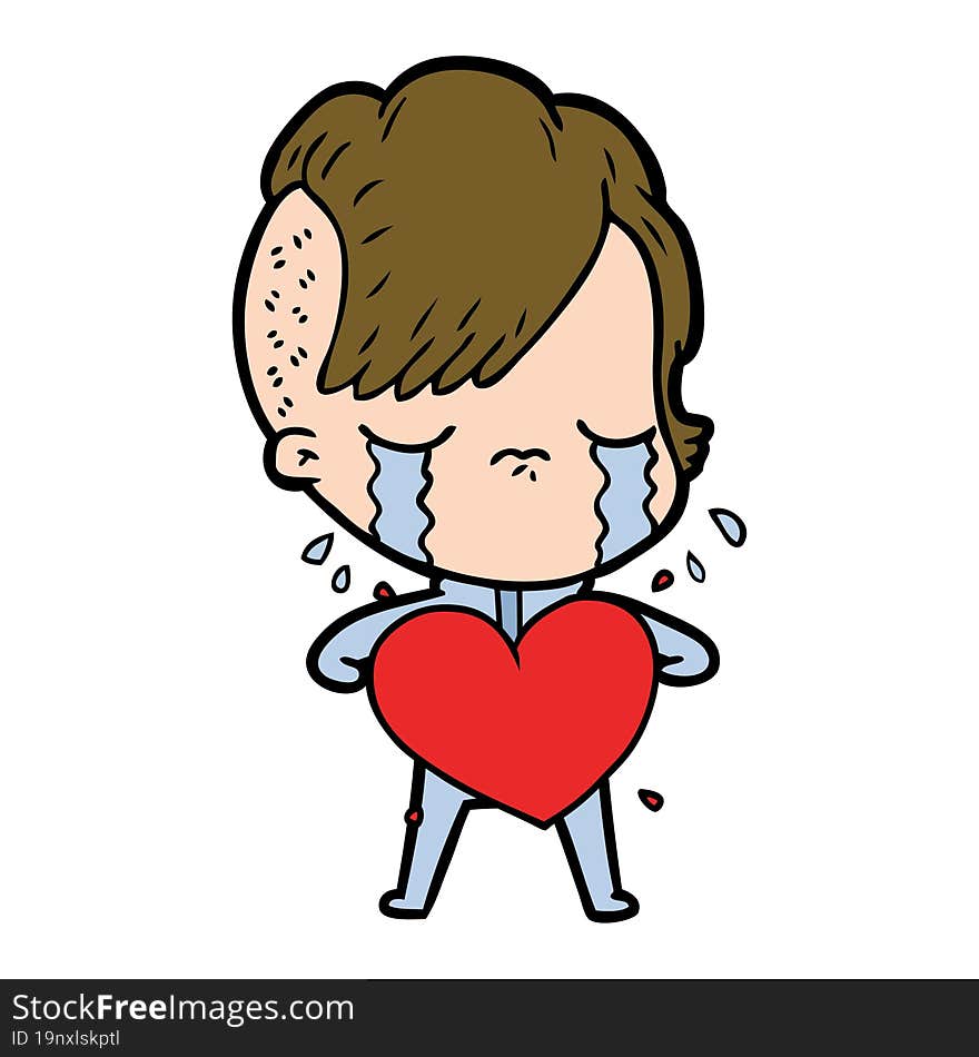 cartoon crying girl with love heart. cartoon crying girl with love heart