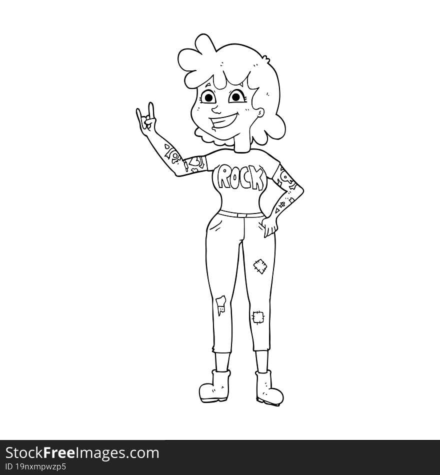 freehand drawn black and white cartoon rock girl