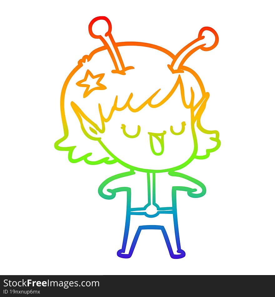 rainbow gradient line drawing happy alien girl cartoon