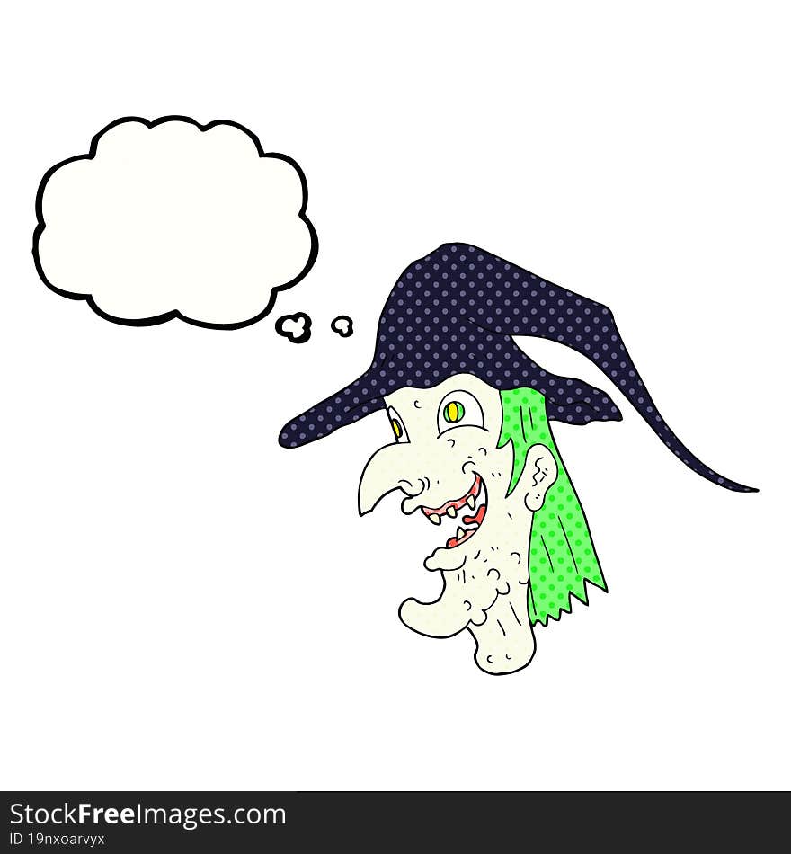 freehand drawn thought bubble cartoon cackling witch