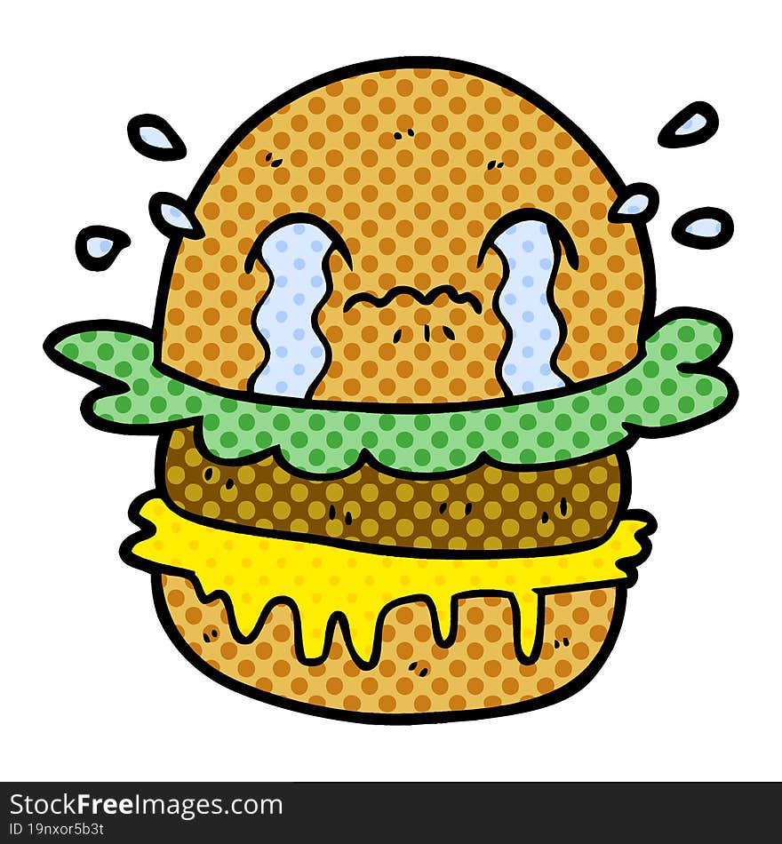 cartoon crying fast food burger. cartoon crying fast food burger