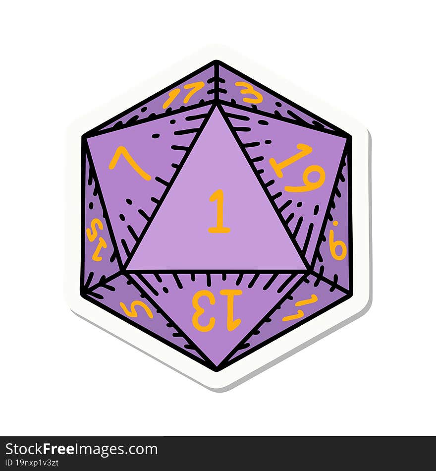 sticker of a natural 1 D20 dice roll. sticker of a natural 1 D20 dice roll