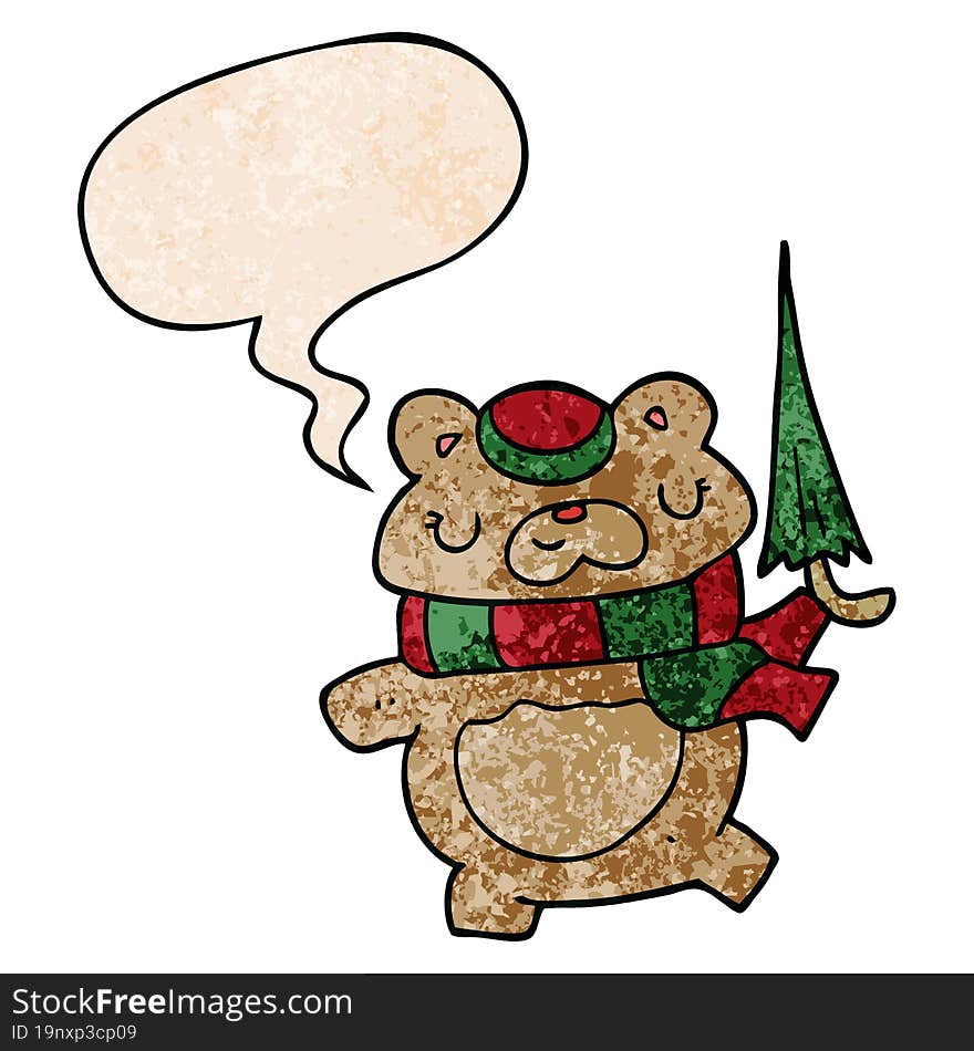 Cartoon Bear And Umbrella And Speech Bubble In Retro Texture Style