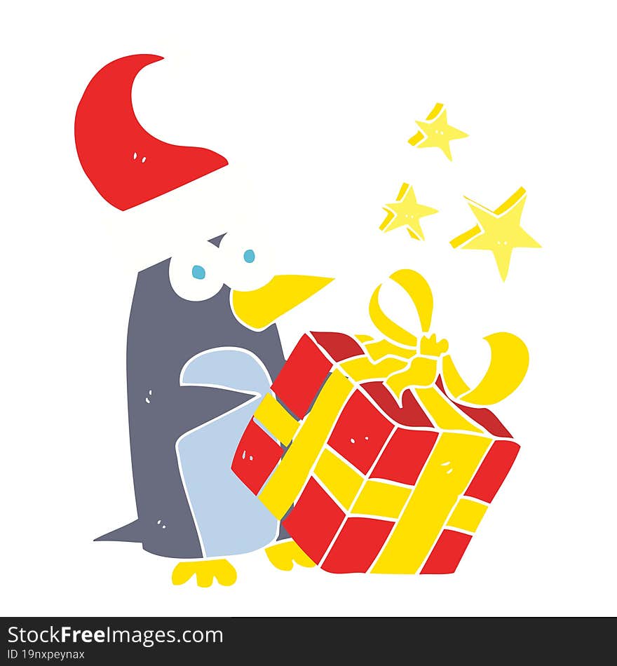 flat color illustration of christmas penguin with present. flat color illustration of christmas penguin with present