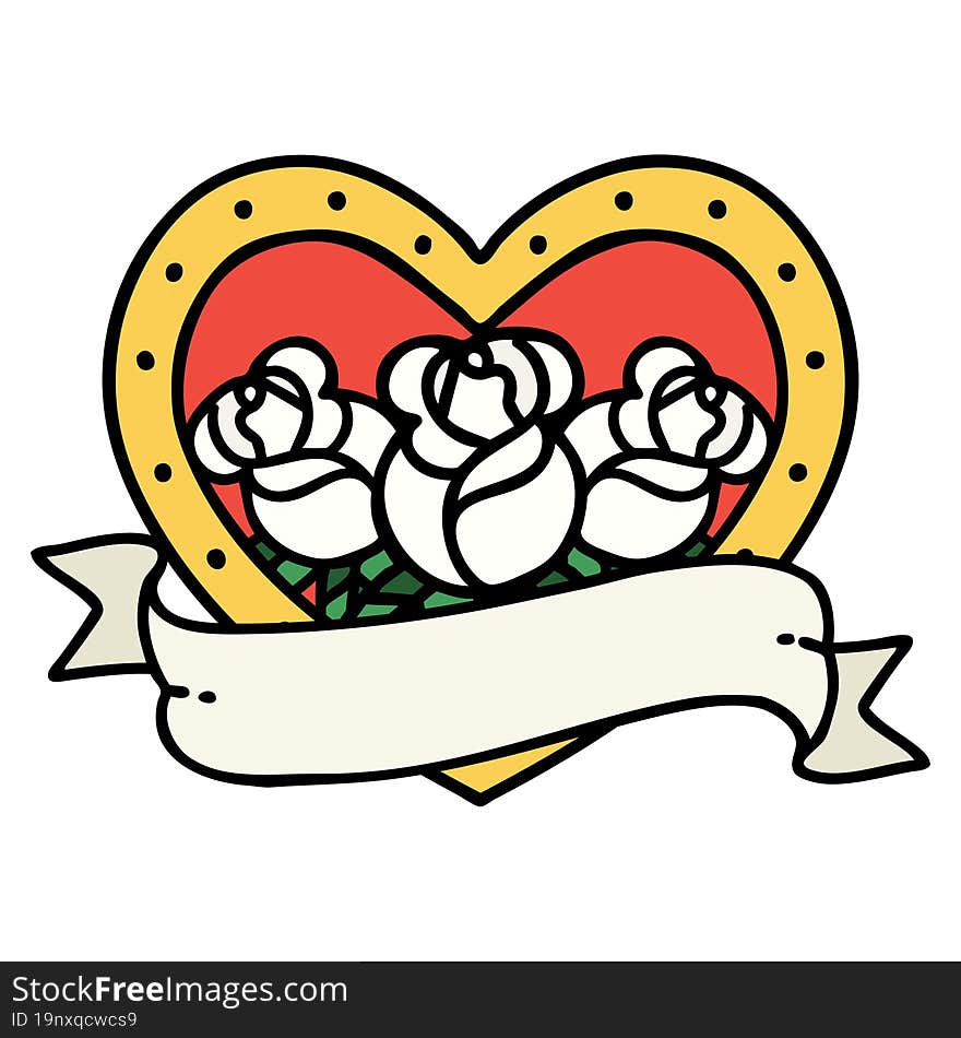 traditional tattoo of a heart and banner with flowers