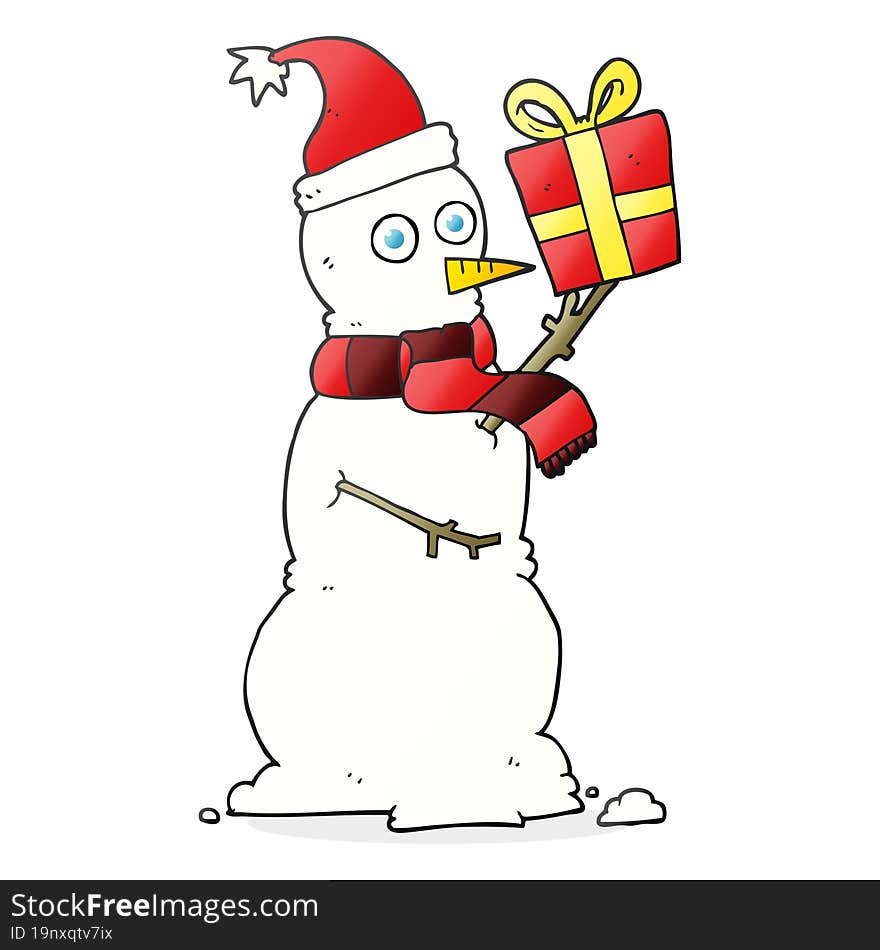 freehand drawn cartoon snowman holding present