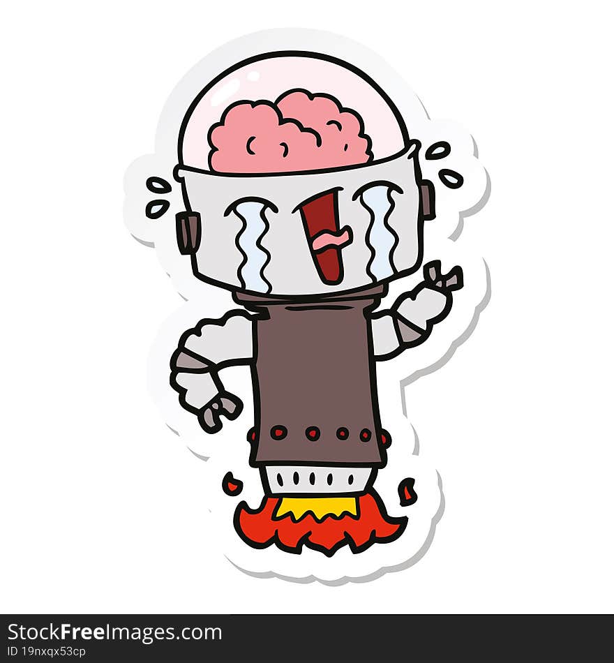 sticker of a cartoon crying robot flying