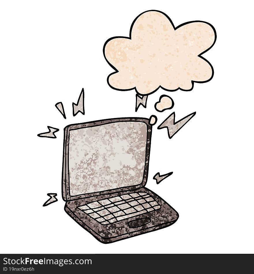 Cartoon Laptop Computer And Thought Bubble In Grunge Texture Pattern Style