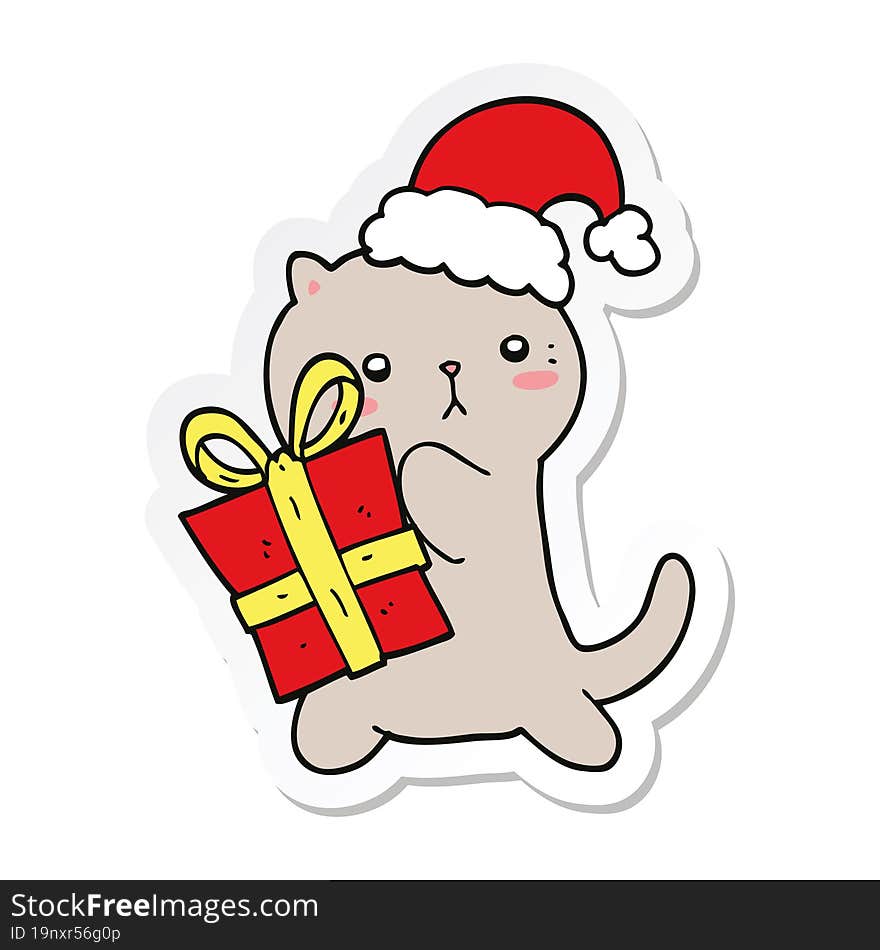 sticker of a cute cartoon cat carrying christmas present