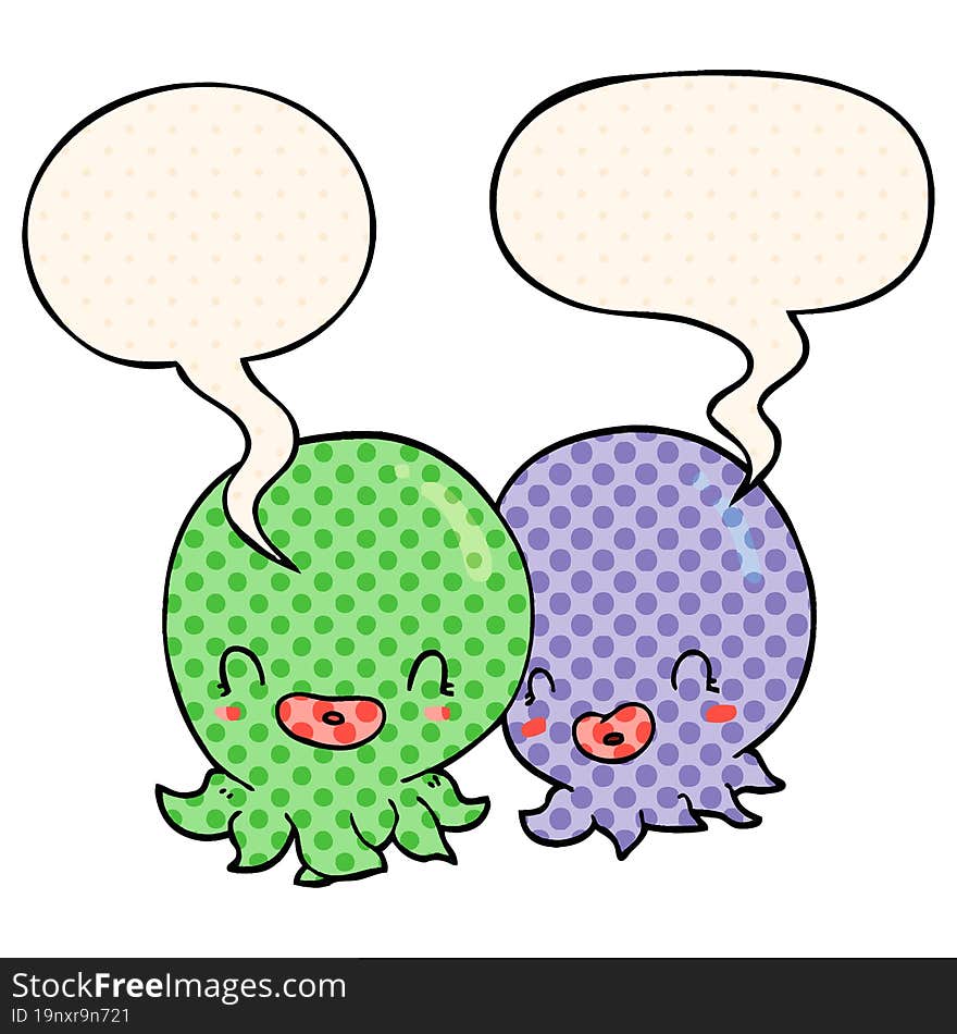 two cartoon octopi  and speech bubble in comic book style