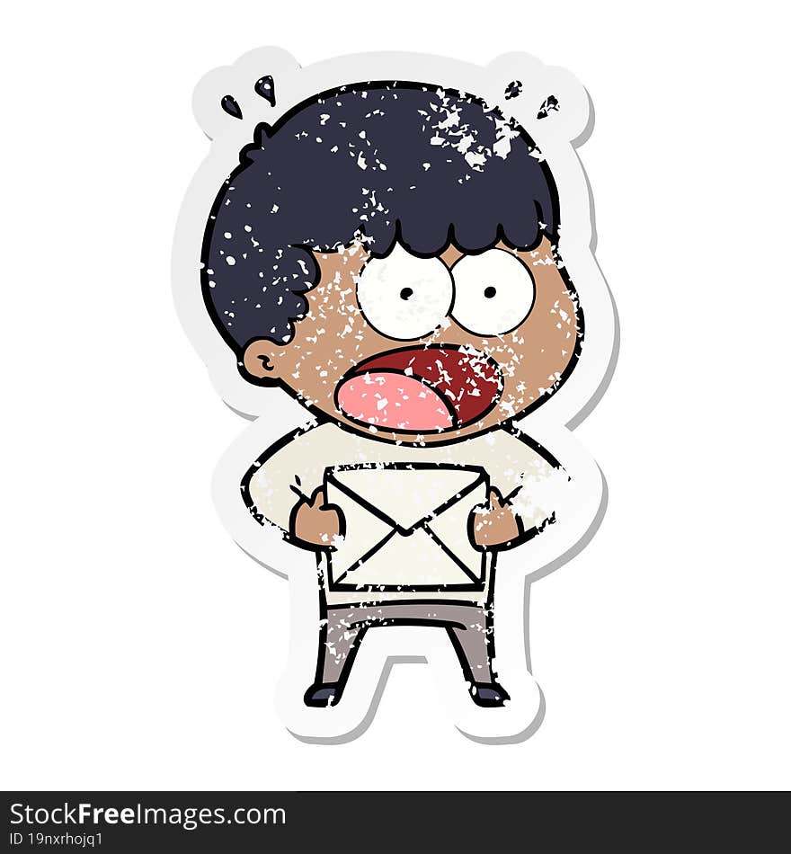 distressed sticker of a cartoon shocked man holding envelope