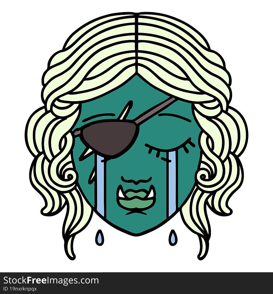 Retro Tattoo Style crying half orc rogue character face. Retro Tattoo Style crying half orc rogue character face