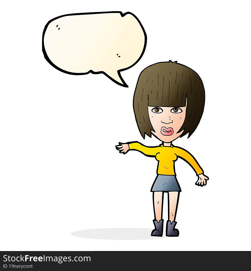 cartoon woman waving away with speech bubble